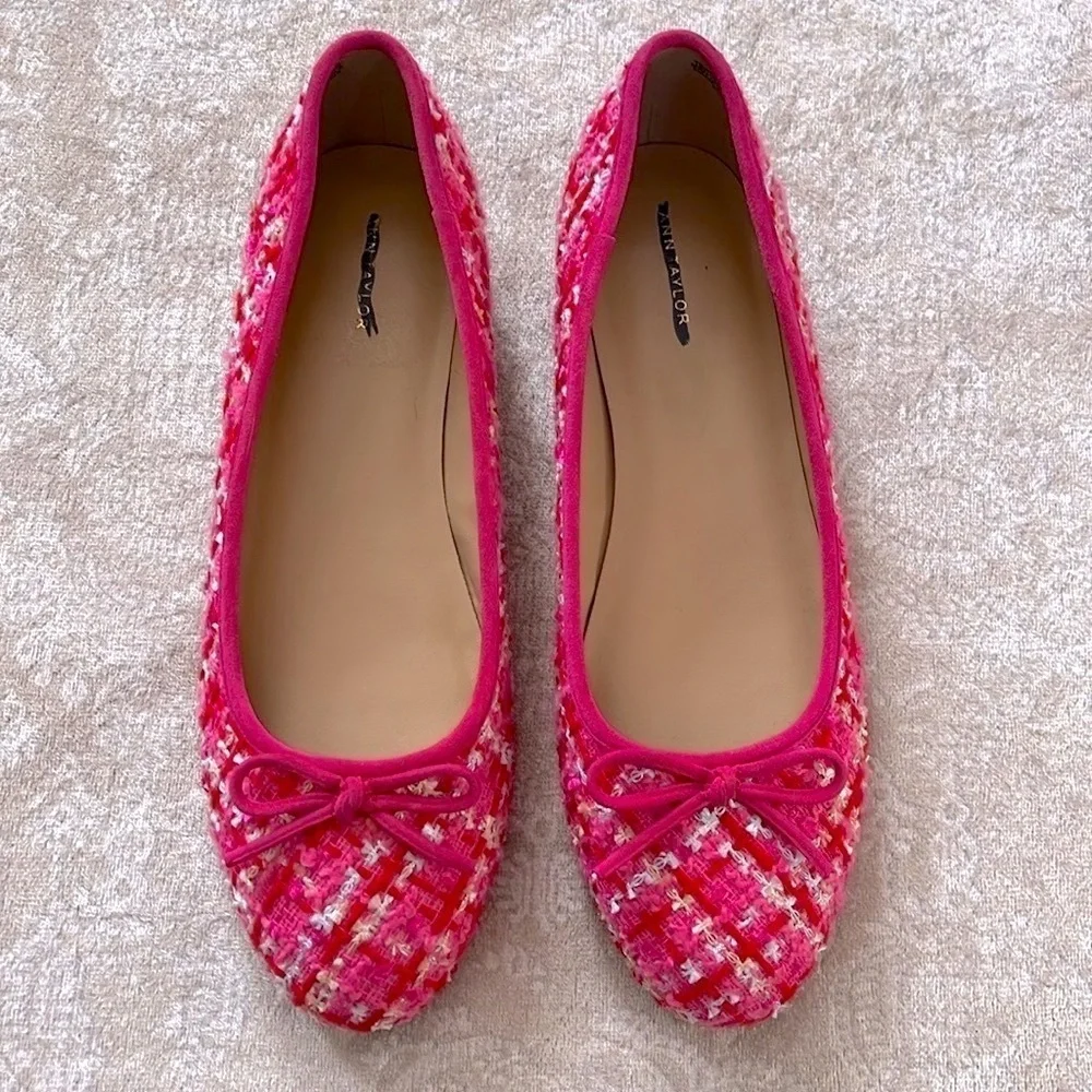 Brand New Ann Taylor Pink Tweed Ballet Flats Bow 1/2